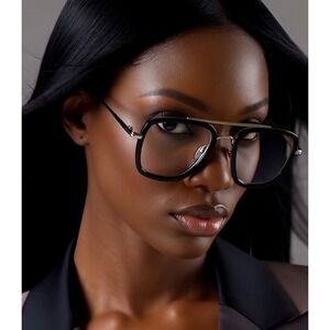 Women Square Frame Glasses Clear Lens Silver Metal Black Rim Fashion Eyewear New